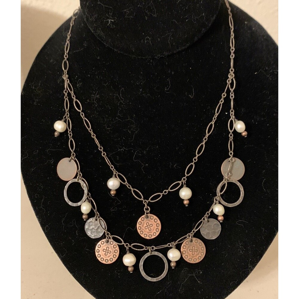 SILPADA Sterling Silver Pearl Copper 2 Strand Necklace 18” N1567 Layer Statement